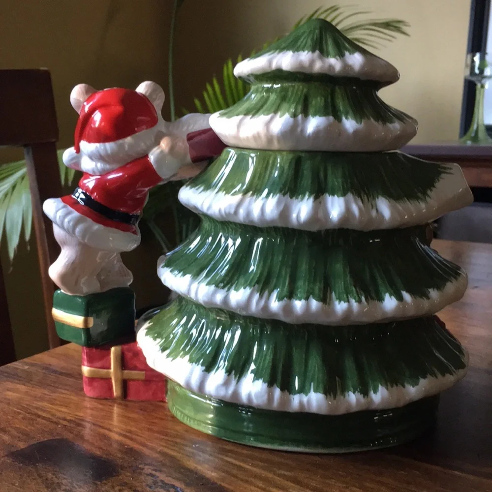World Bazaar Cute Teddy Bear in Santa Suit Christmas Tree teapot hand painted